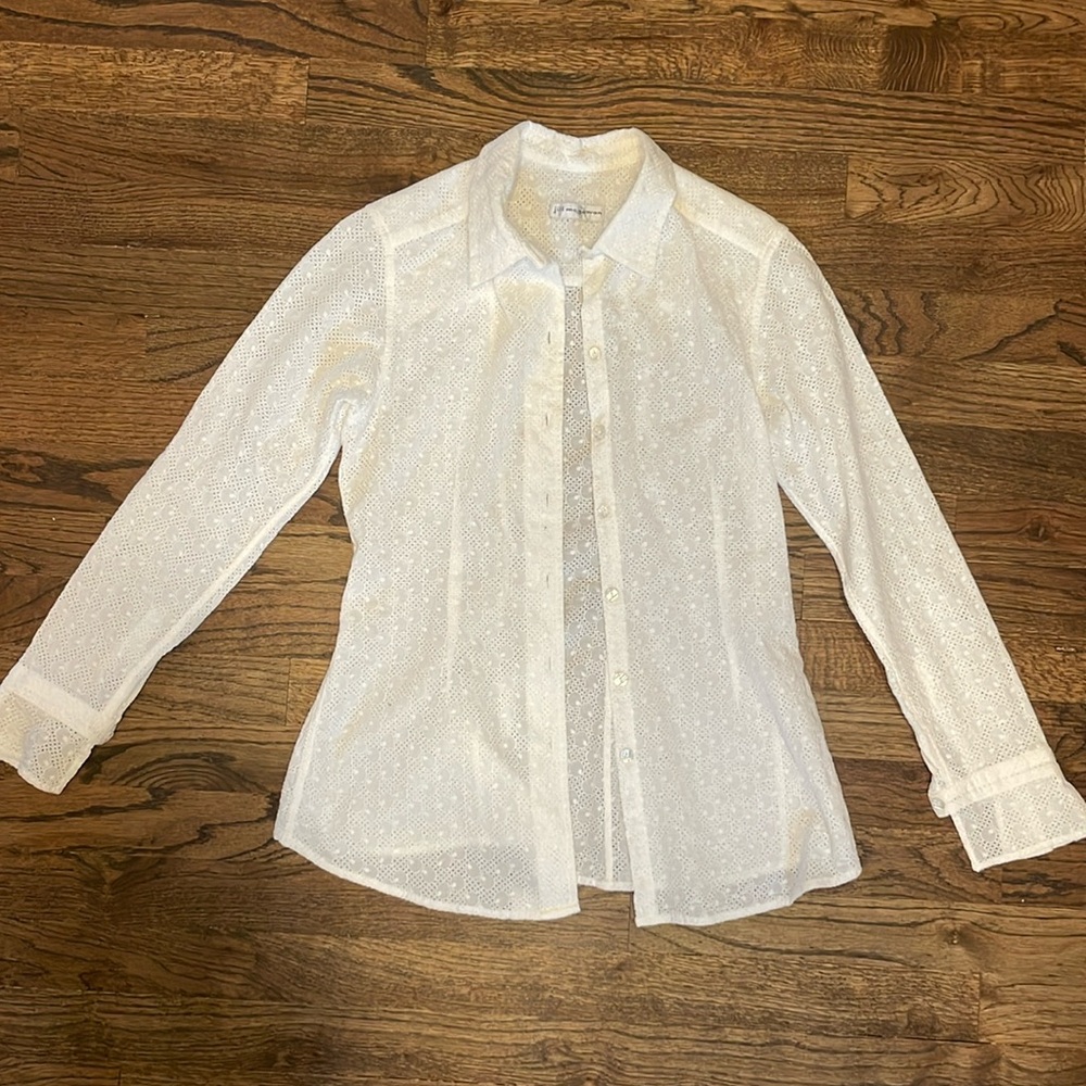 Jill McGowan Olive Eyelet White Blouse Pleated Cuffs XS